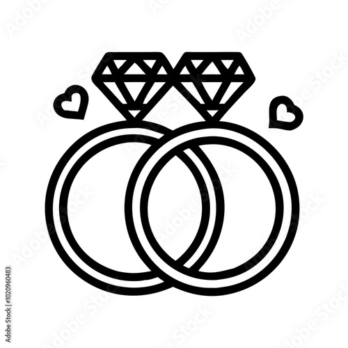 Engagement ring icon featuring a refined black outline, depicting a classic solitaire ring with a prominent diamond sitting atop a polished band, symbolizing love and commitment, perfect for wedding.