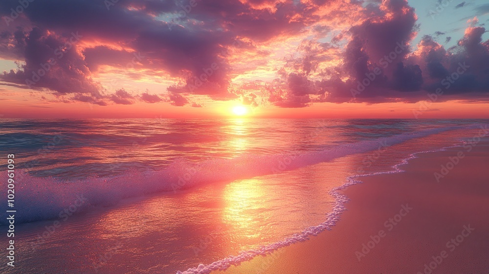 Serene sunset over a tranquil beach with gentle waves. Serene sunset over a tranquil beach with gentle waves.