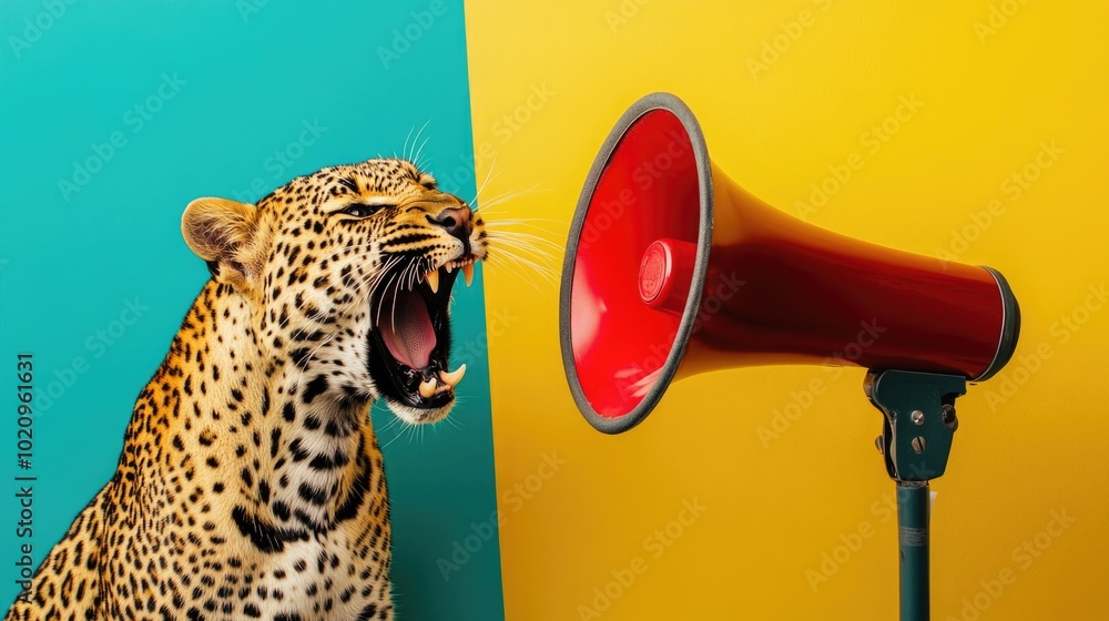 Fototapeta premium A close-up of a leopard's face next to a megaphone, with the leopard's mouth open