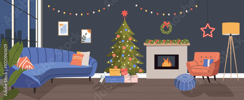 Living room Christmas interior. Christmas tree,  window, chair, sofa and fireplace.Vector flat  cartoon illustration