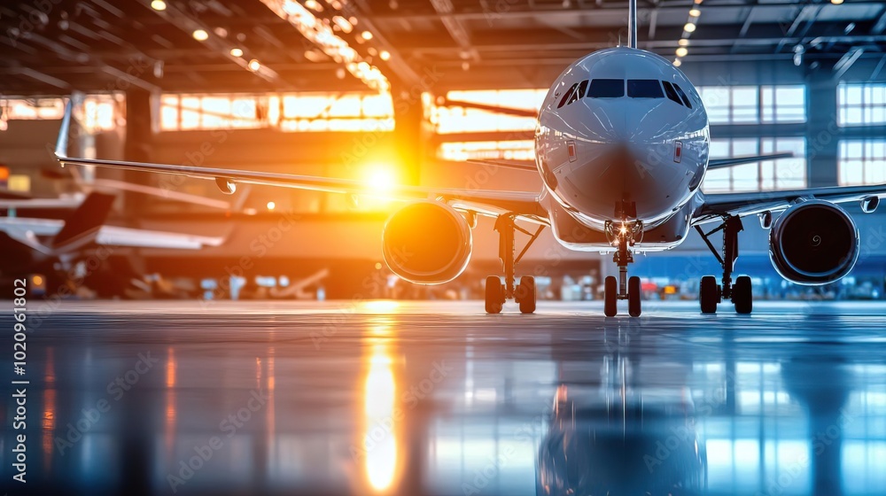 An airplane waits for departure in an airport terminal, with a blurred background for text space.. An airplane waits for departure in an airport terminal, with a blurred background for text space..