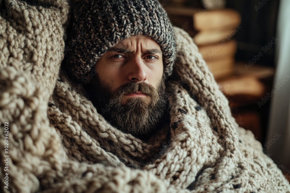 A bearded man is wrapped in a blanket, seeking warmth and comfort A bearded man is wrapped in a blanket, seeking warmth and comfort