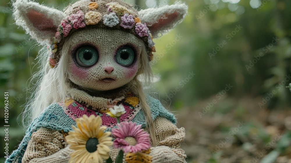 A close up of a stuffed animal with flowers A close up of a stuffed animal with flowers