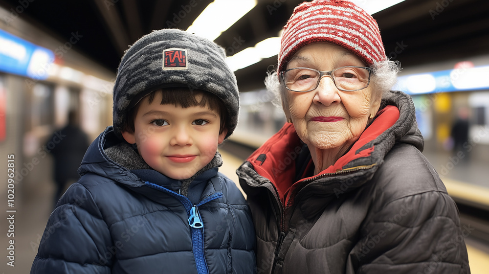 Grandmother and Grandson with Fierce Expressions in Subway Station Grandmother and Grandson with Fierce Expressions in Subway Station