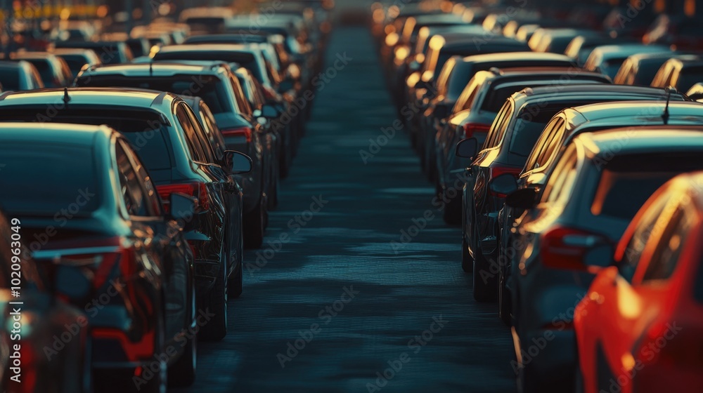 Fototapeta premium Row of vehicles parked along urban road, great for depicting urban life or traffic scenes