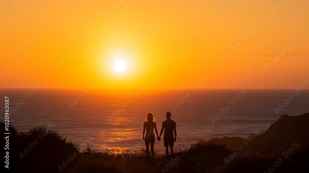 A silhouette of two people holding hands, watching the sunset over an ocean A silhouette of two people holding hands, watching the sunset over an ocean
