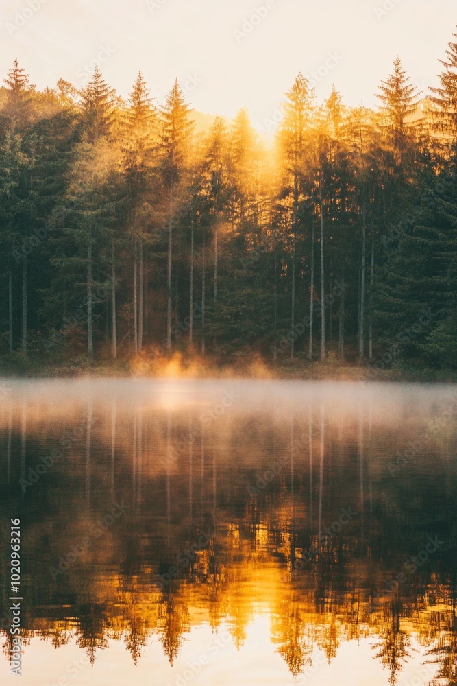A serene scene of a sunset behind trees that reflect in the calm water A serene scene of a sunset behind trees that reflect in the calm water
