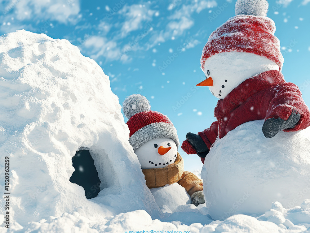 Obraz premium Family Snowmen Playing Near Igloo in Winter Landscape