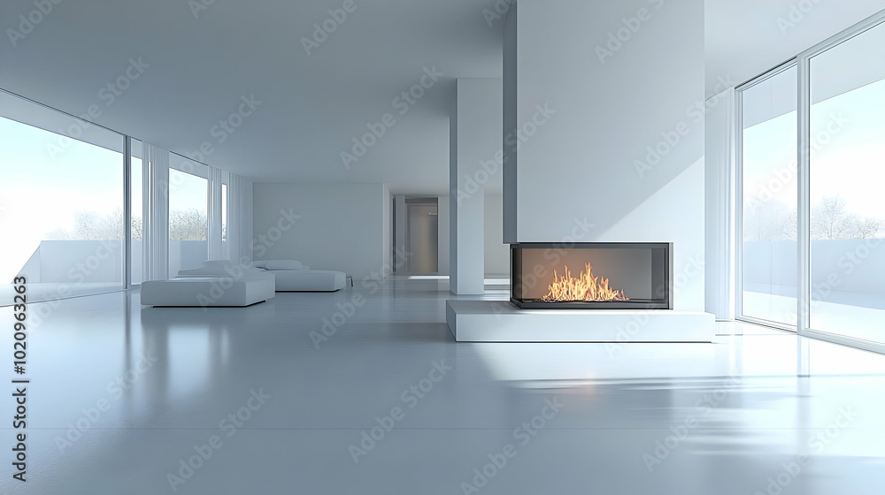Fototapeta premium Modern Interior Design 3D Illustration with Fireplace