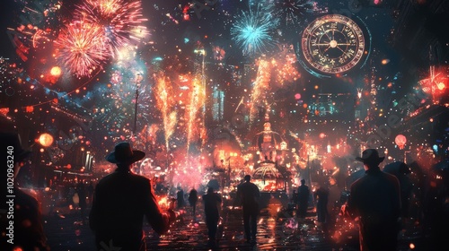 People celebrating New Year's Eve with fireworks and lights