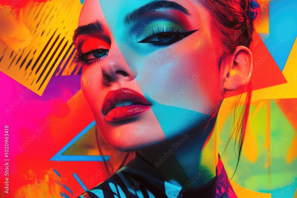 Obraz premium A woman with vibrant makeup against a colorful background