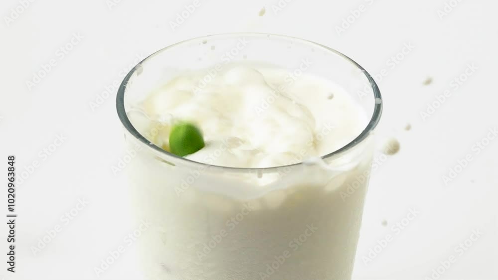 Colorful chocolate candies falling and splashing into a glass of milk, white background, slow motion Colorful chocolate candies falling and splashing into a glass of milk, white background, slow motion
