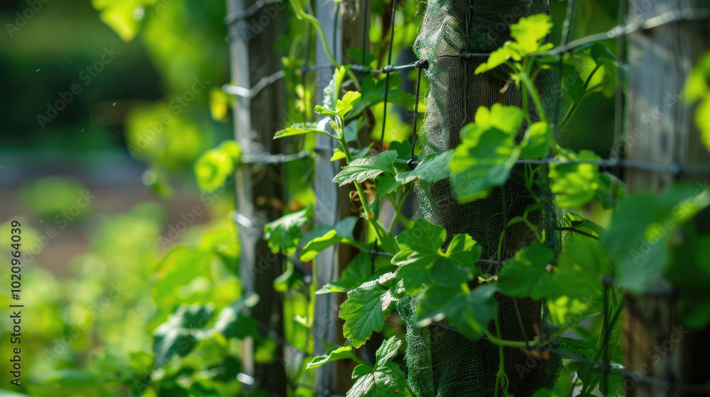 Obraz premium Lush Green Vines Climbing a Garden Trellis in Sunlit Backyard with Soft Focus Background