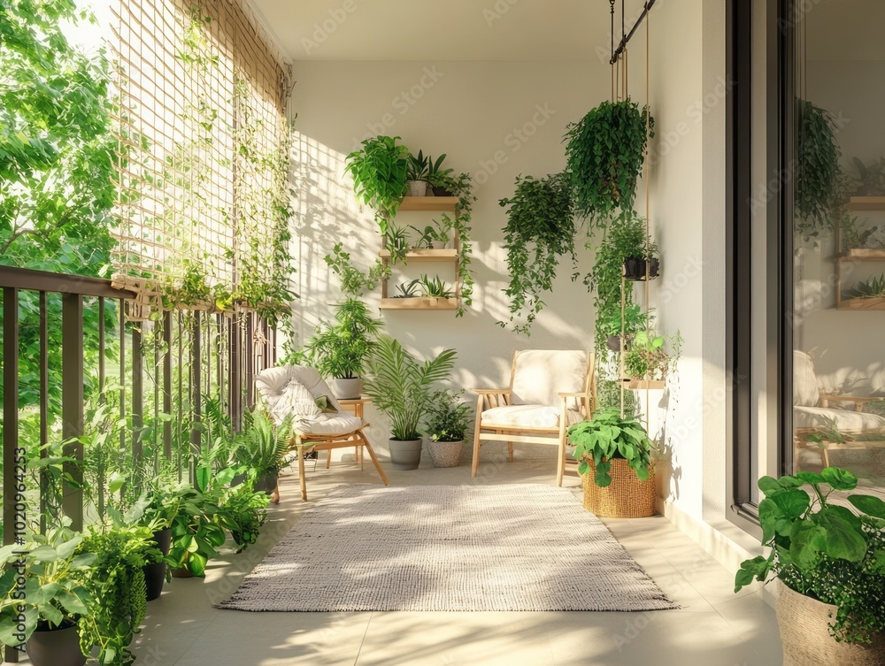 Naklejka premium Balcony with hanging plants and plant racks, surrounded by minimalist furniture for an urban jungle vibe