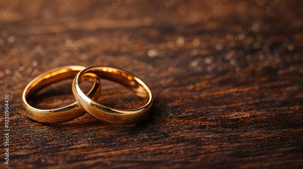 Two golden wedding rings rest on a wooden background, providing a romantic atmosphere with copy space.. Two golden wedding rings rest on a wooden background, providing a romantic atmosphere with copy space..