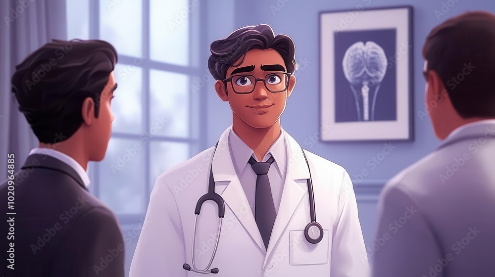 Fototapeta premium A professional doctor interacting with patients in a modern clinic setting, highlighting healthcare and compassion.