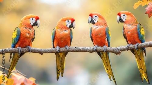 Colorful parrots perched on a branch in a vibrant, serene environment.