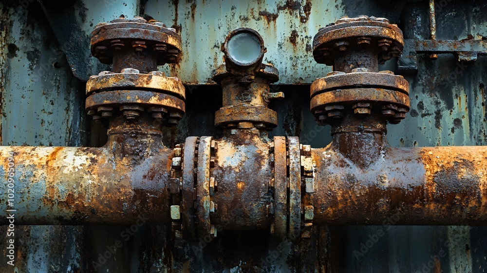 A detailed macro shot of corroded pipes and old machinery, covered in rust in a petrochemical plant. A detailed macro shot of corroded pipes and old machinery, covered in rust in a petrochemical plant.