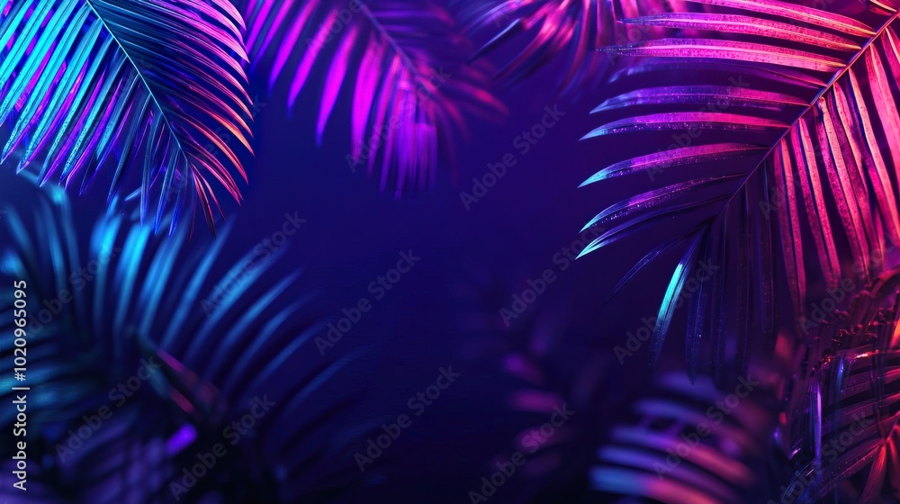 Fototapeta premium A tropical summer background features exotic leaves with neon party glow, creating a vibrant atmosphere..
