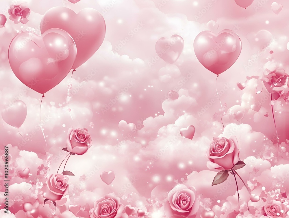 Pink heart balloons and roses floating in a dreamy Valentine's Day sky. Pink heart balloons and roses floating in a dreamy Valentine's Day sky.