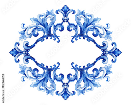 Vector decorative pattern blue and white design with frame or border. Baroque Vector mosaic. Traced watercolo. Capri Majolica	