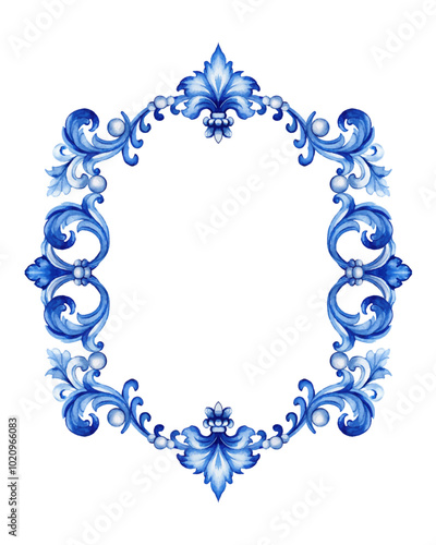 Vector decorative pattern blue and white design with frame or border. Baroque Vector mosaic. Traced watercolo. Capri Majolica	