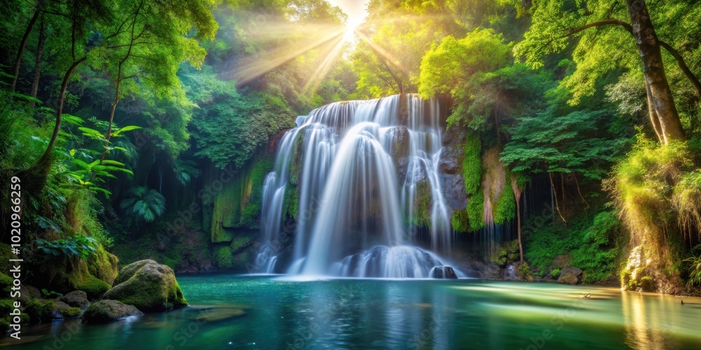 Obraz premium Sunlight Filters Through a Lush Canopy Illuminating a Tranquil Waterfall Cascading into a Clear Pool