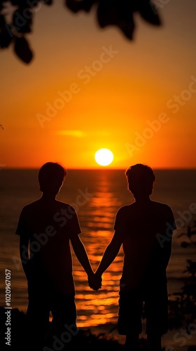 A silhouette of two people holding hands, watching the sunset over an ocean