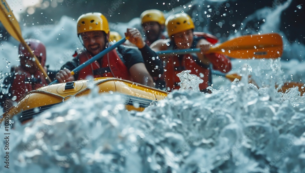 Naklejka premium Group of Friends Enjoying Whitewater Rafting Adventure