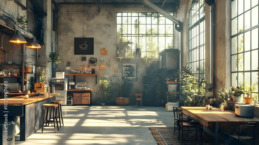 Naklejka premium Industrial Loft Interior Design with Natural Light Illustration