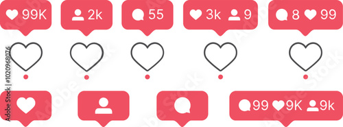 Social media notification bubble flat icons set Like comment follower and view buttons. 