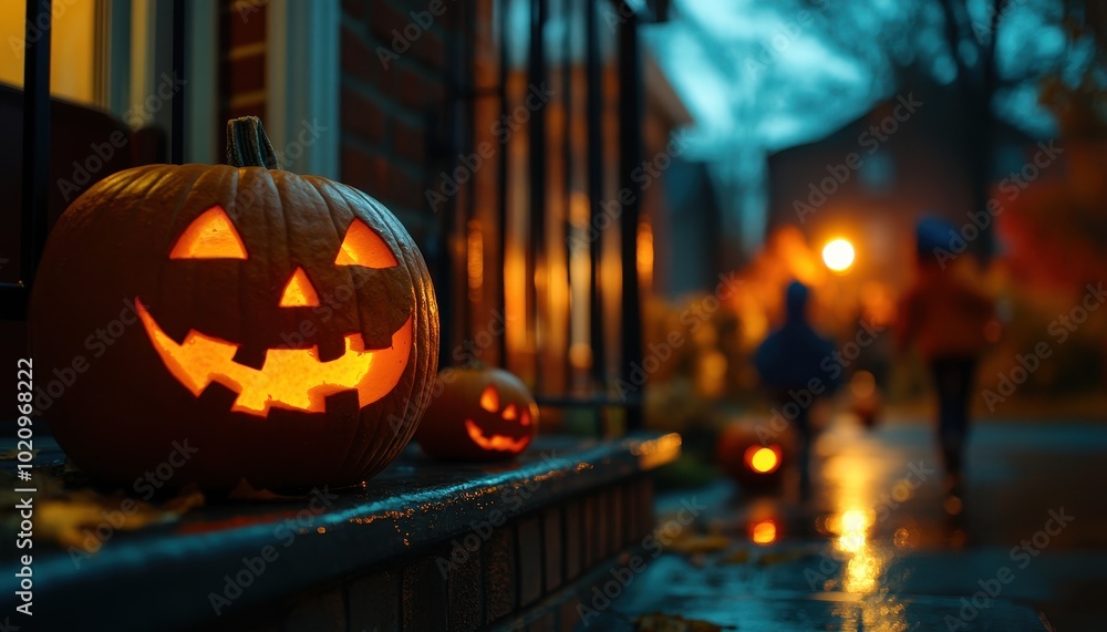 Illuminated Jack-o'-lantern on a Porch with a Blurred Background of Trick-or-Treaters Illuminated Jack-o'-lantern on a Porch with a Blurred Background of Trick-or-Treaters