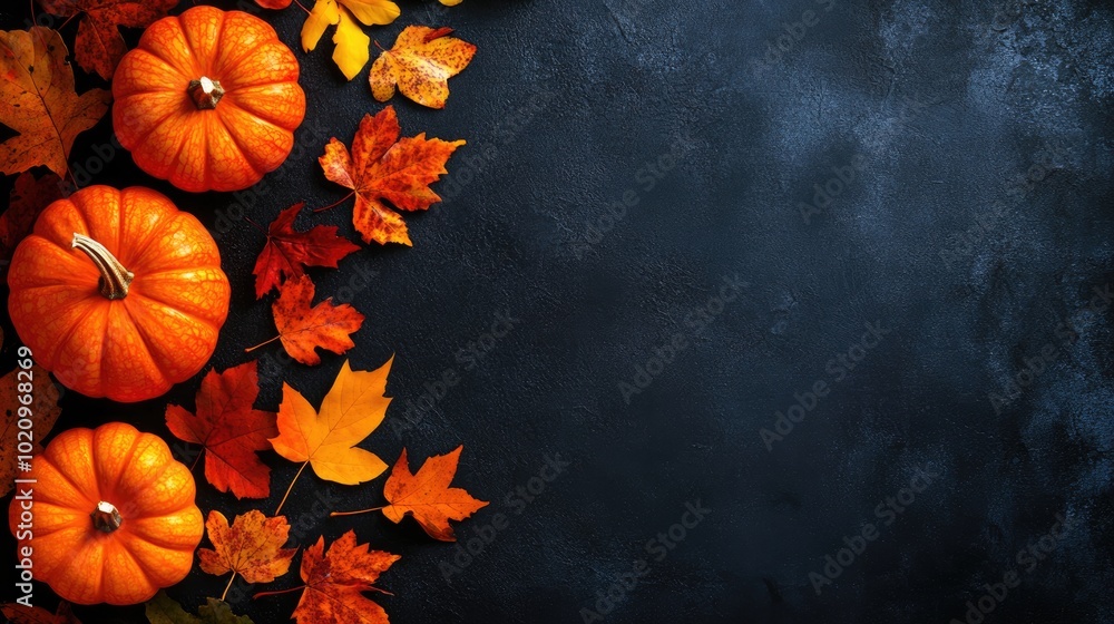 Autumn pumpkins and leaves on dark background with space for text Autumn pumpkins and leaves on dark background with space for text