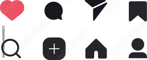 Instagram, facebook, twitter X,Social network signs set. Like, comment, share and save icons. Social media functional icons. Vector fill icon with red and black colours