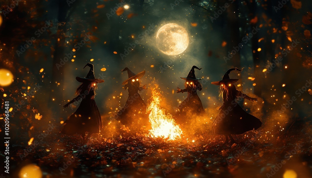 Four Witches Performing a Ritual Around a Fire in a Forest Four Witches Performing a Ritual Around a Fire in a Forest