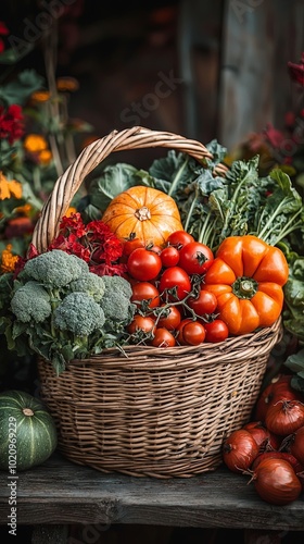 Bountiful wicker basket filled with freshly harvested veggies, including tomatoes and pumpkins, surrounded by rustic autumn decorations with lush foliage.