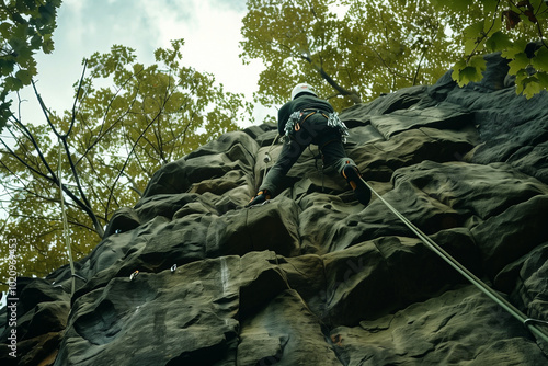 climber ascend rugged rock face using ropes and safety