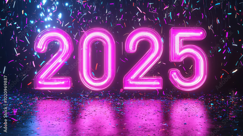 Neon Numbers 2025 Glowing Brightly in Night Scene Neon Numbers 2025 Glowing Brightly in Night Scene