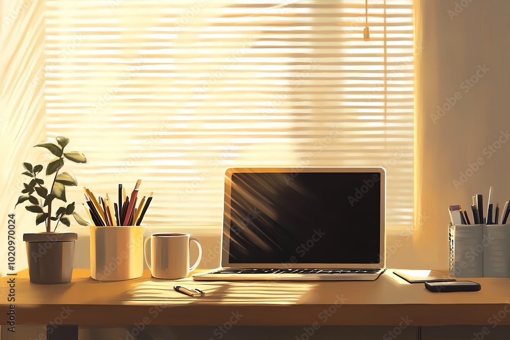A serene workspace bathed in sunlight, featuring a laptop, plant, and pens on a wooden desk, creating a warm, inviting atmosphere. A serene workspace bathed in sunlight, featuring a laptop, plant, and pens on a wooden desk, creating a warm, inviting atmosphere.