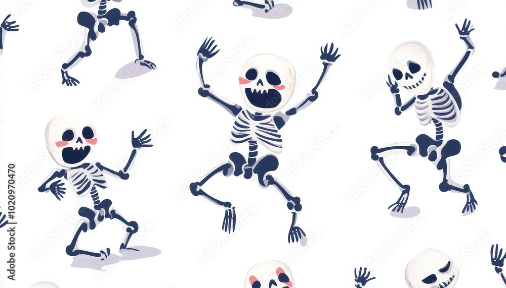 Obraz premium A Seamless Pattern Featuring Animated Skeletons with Big Smiles