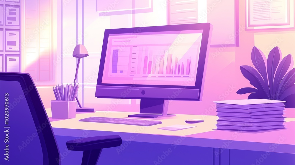 A modern office workspace bathed in purple hues, featuring a desktop computer displaying charts and financial data, surrounded by stacks of documents and a neat arrangement of office supplies A modern office workspace bathed in purple hues, featuring a desktop computer displaying charts and financial data, surrounded by stacks of documents and a neat arrangement of office supplies