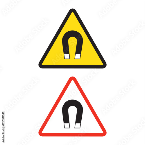 Yellow and red magnetic field warning signs on a white background