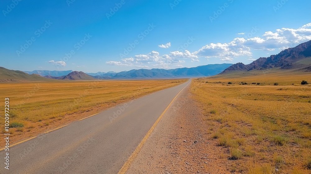 Open road disappearing into the horizon, barren desert landscape, empty and peaceful Open road disappearing into the horizon, barren desert landscape, empty and peaceful