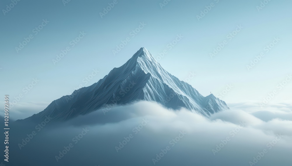 Majestic mountain peak emerging from soft clouds against a serene blue sky. Majestic mountain peak emerging from soft clouds against a serene blue sky.