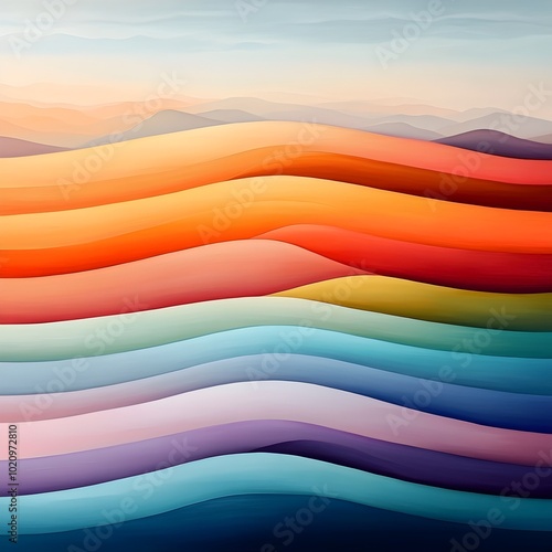 Mesmerizing Abstract Landscape Painting with Warm Sunset Inspired Hued Color Striations and Expressive photo