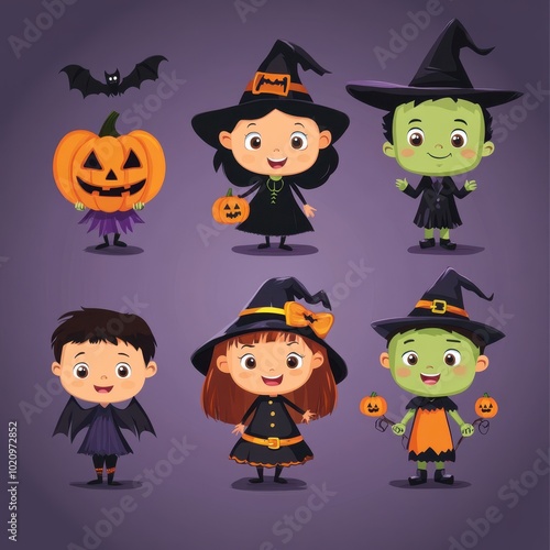 Adorable Cartoon Children Dressed in Halloween Costumes