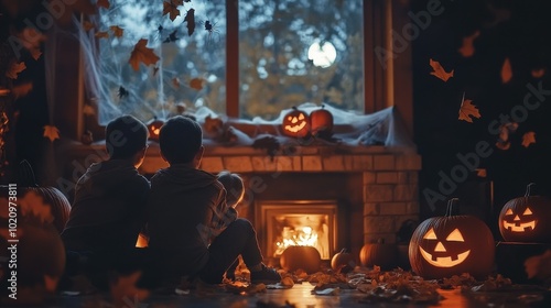 A cozy Halloween night scene featuring a family and carved pumpkins by the fireplace. Lively autumn leaves enhance the warm and festive atmosphere.