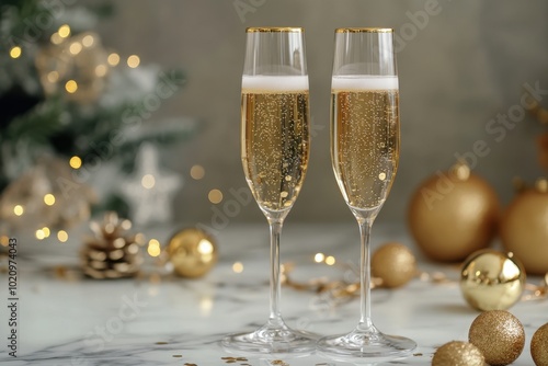 Elegant champagne flutes with golden bubbles, set on a marble table with festive decor, symbolizing celebration and luxury, perfect for special occasions and upscale events