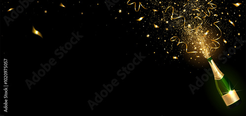 Congratulatory Horizontal Banner with Champagne and Golden Confetti
