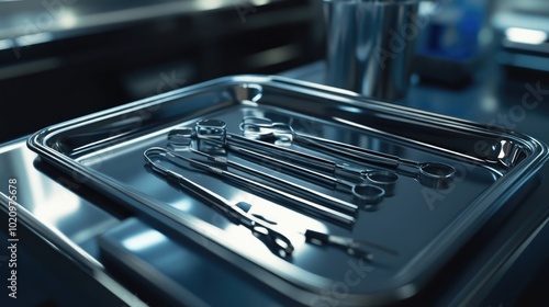 A close-up of medical instruments displayed on a clean tray